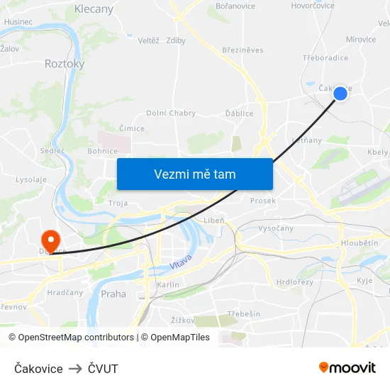 Čakovice to ČVUT map
