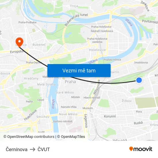 Černínova to ČVUT map