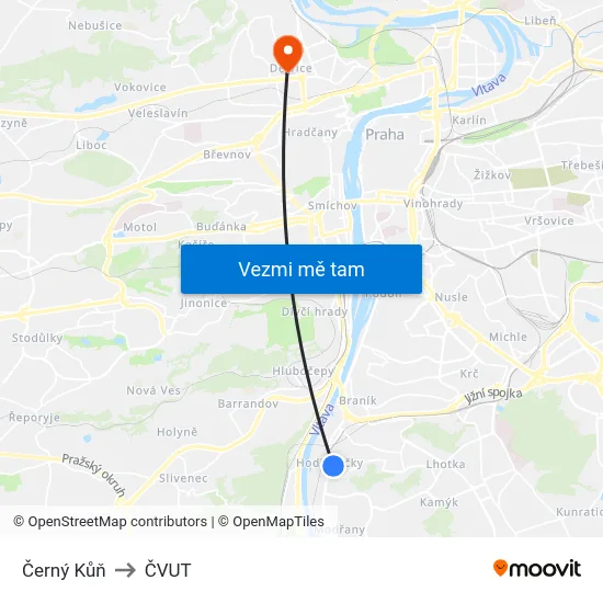 Černý Kůň to ČVUT map