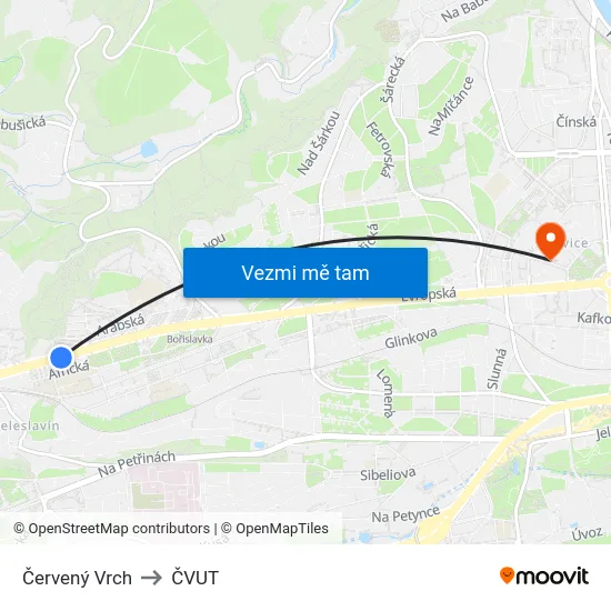 Červený Vrch to ČVUT map