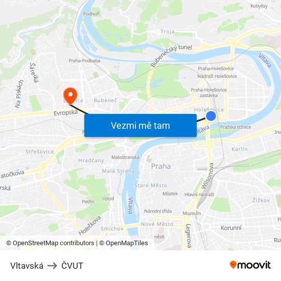 Vltavská to ČVUT map