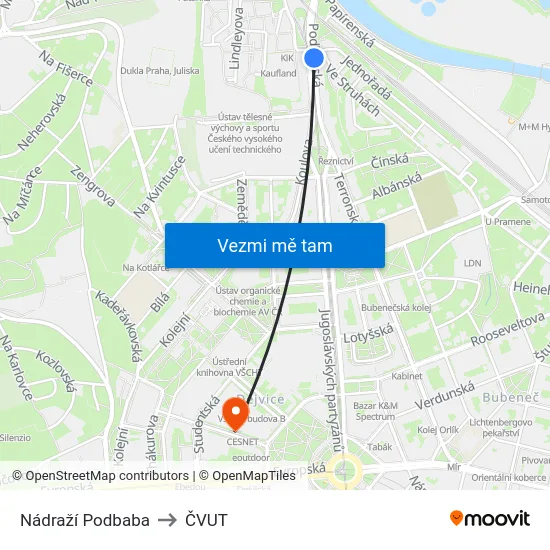 Nádraží Podbaba to ČVUT map