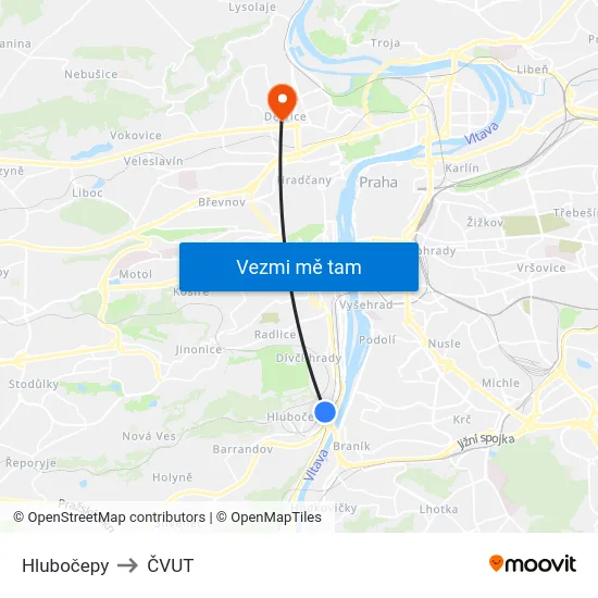 Hlubočepy to ČVUT map