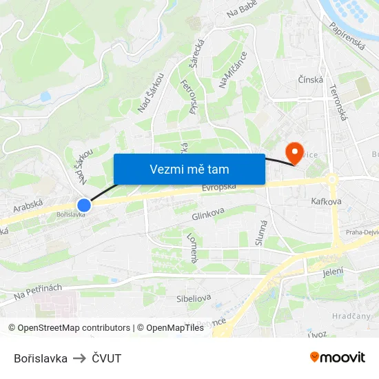 Bořislavka to ČVUT map