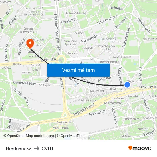 Hradčanská to ČVUT map