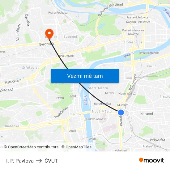 I. P. Pavlova to ČVUT map