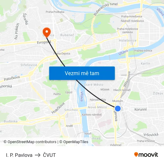 I. P. Pavlova to ČVUT map
