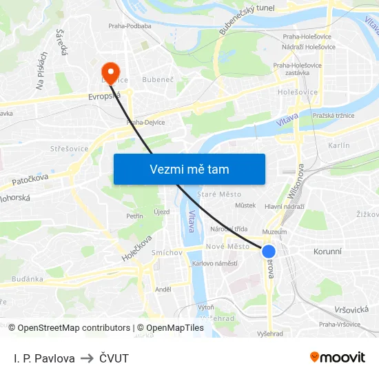 I. P. Pavlova to ČVUT map
