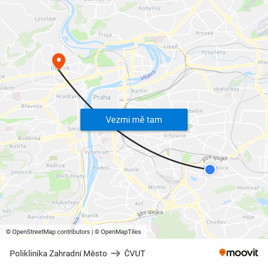 Poliklinika Zahradní Město (A) to ČVUT map