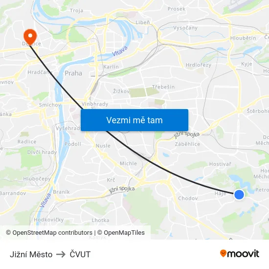 Jižní Město to ČVUT map