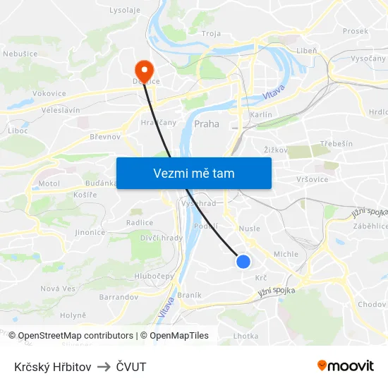 Krčský Hřbitov to ČVUT map