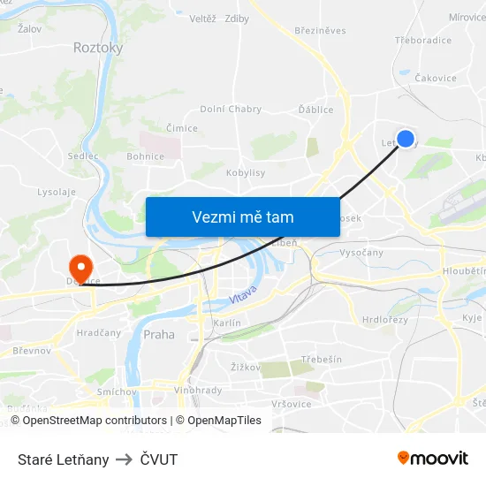 Staré Letňany to ČVUT map