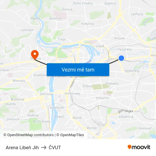 Arena Libeň Jih to ČVUT map