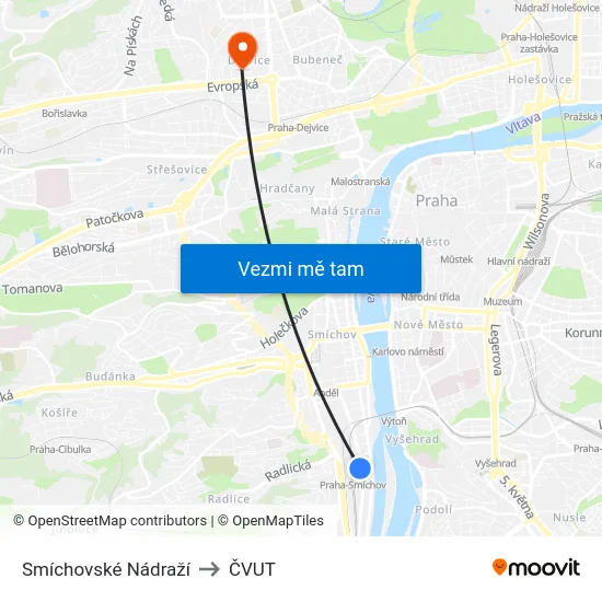 Smíchovské Nádraží to ČVUT map