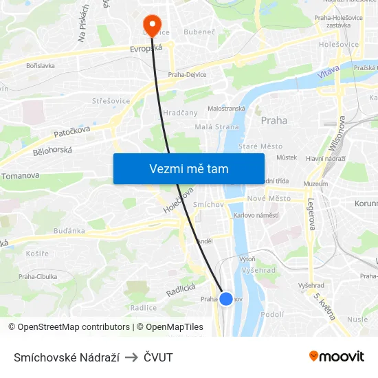 Smíchovské Nádraží to ČVUT map