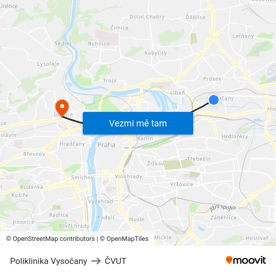 Poliklinika Vysočany to ČVUT map
