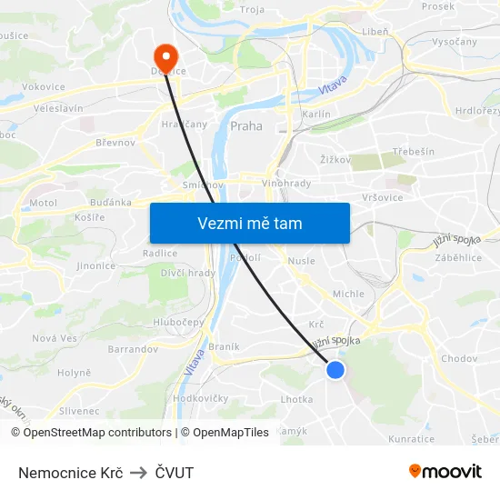 Nemocnice Krč to ČVUT map