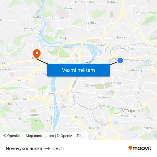 Novovysočanská to ČVUT map