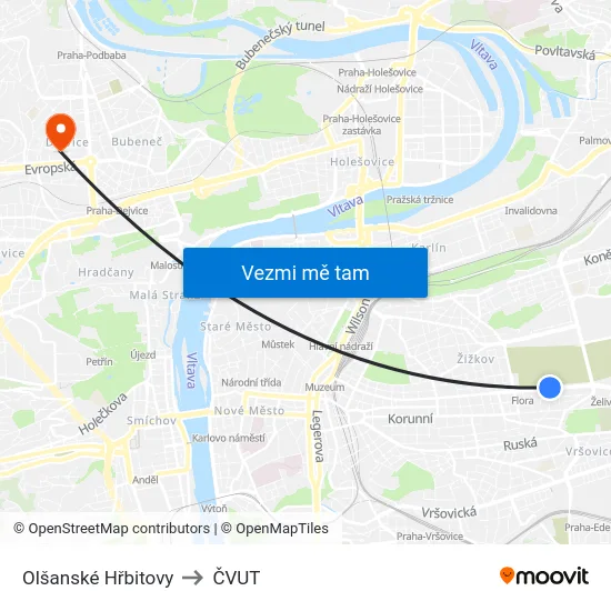 Olšanské Hřbitovy to ČVUT map