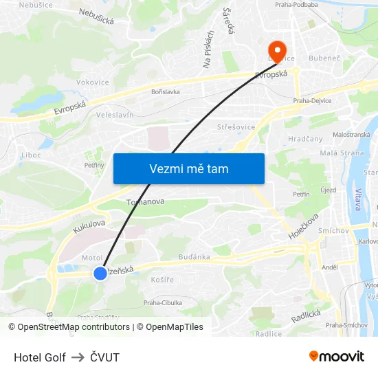 Hotel Golf to ČVUT map
