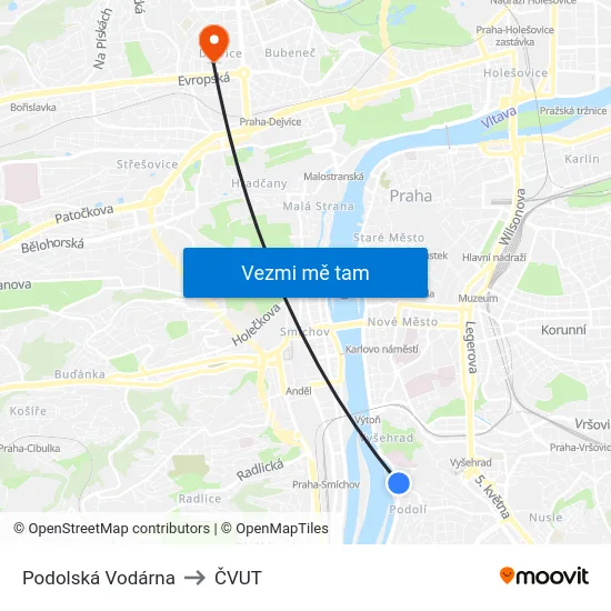 Podolská Vodárna to ČVUT map