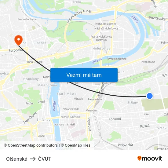 Olšanská to ČVUT map