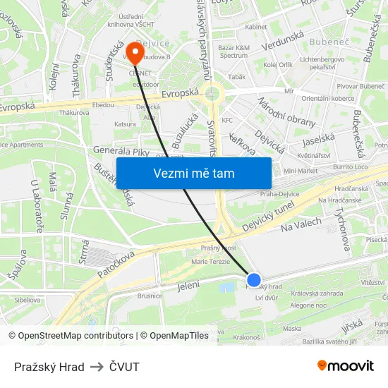 Pražský Hrad to ČVUT map