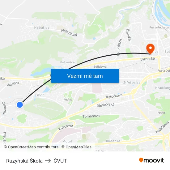 Ruzyňská Škola to ČVUT map