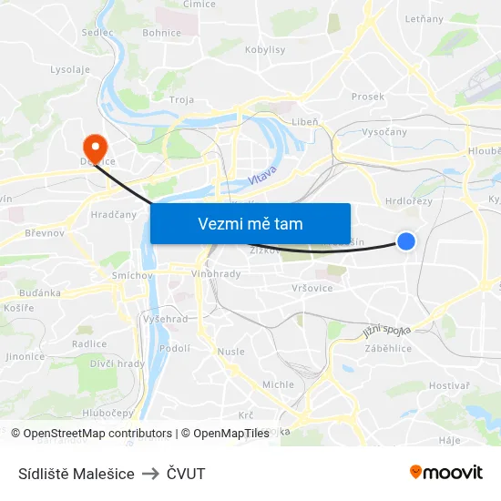 Sídliště Malešice to ČVUT map