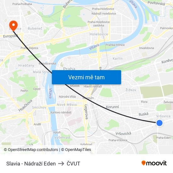 Slavia - Nádraží Eden (B) to ČVUT map