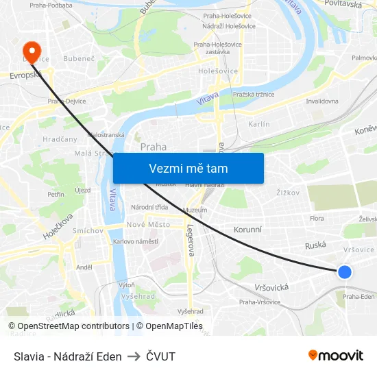 Slavia - Nádraží Eden to ČVUT map