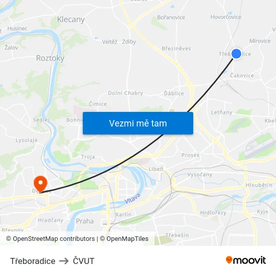 Třeboradice to ČVUT map
