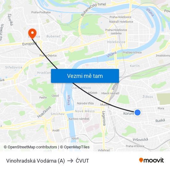 Vinohradská Vodárna (A) to ČVUT map