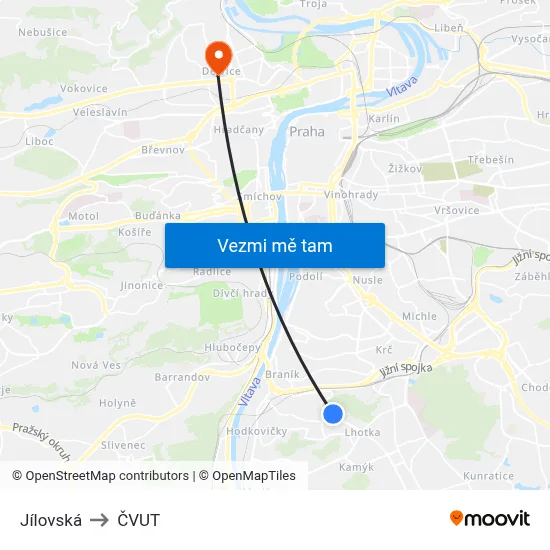 Jílovská to ČVUT map
