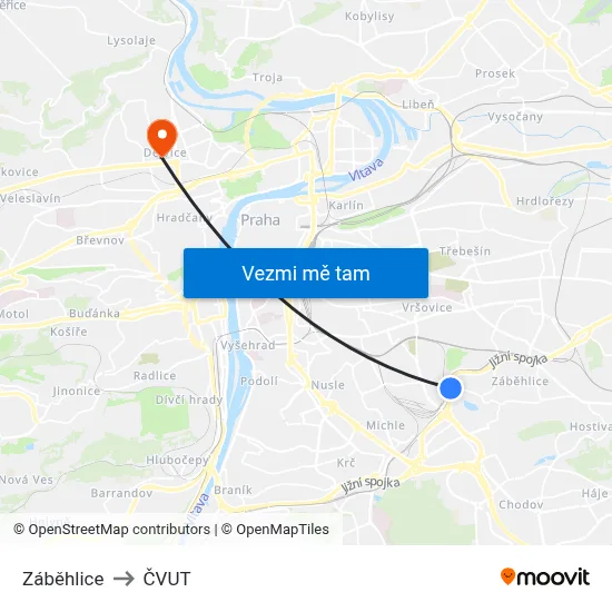 Záběhlice to ČVUT map