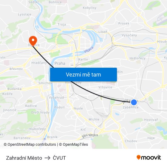 Zahradní Město to ČVUT map