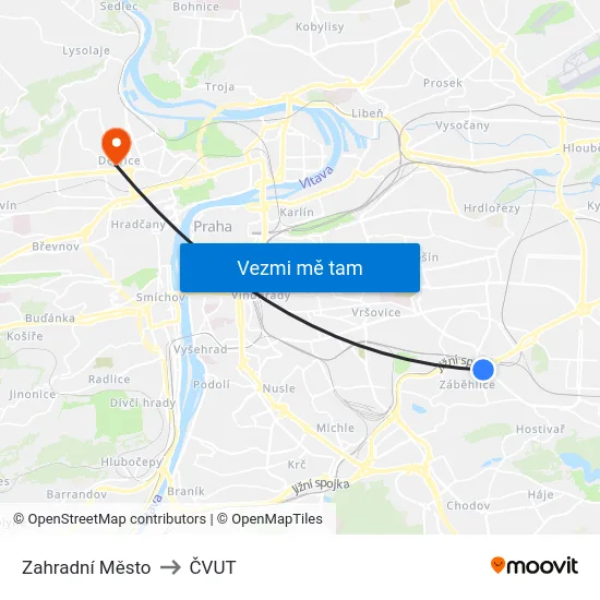 Zahradní Město to ČVUT map