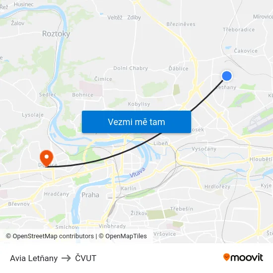 Avia Letňany to ČVUT map