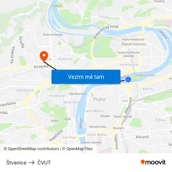 Štvanice to ČVUT map