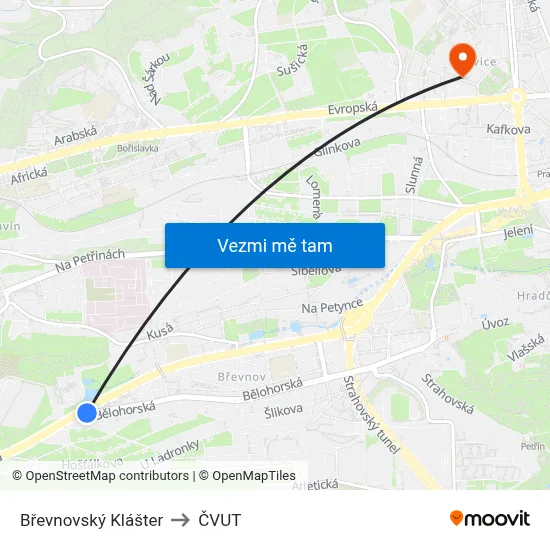 Břevnovský Klášter to ČVUT map