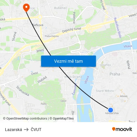 Lazarská to ČVUT map