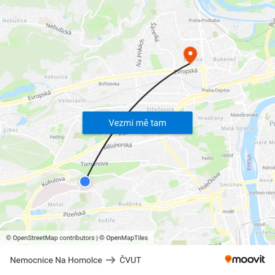 Nemocnice Na Homolce to ČVUT map