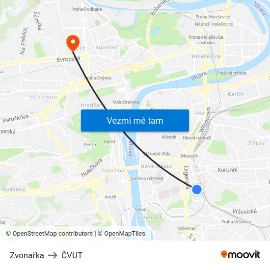 Zvonařka to ČVUT map
