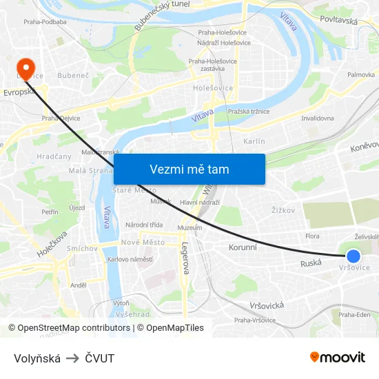 Volyňská to ČVUT map