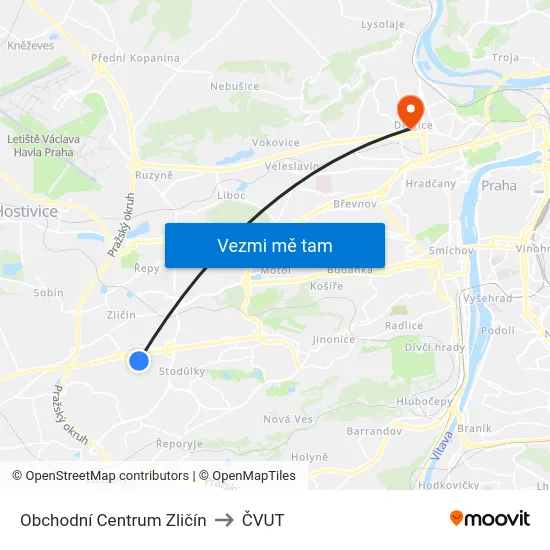 Obchodní Centrum Zličín to ČVUT map