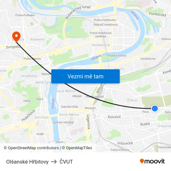 Olšanské Hřbitovy to ČVUT map