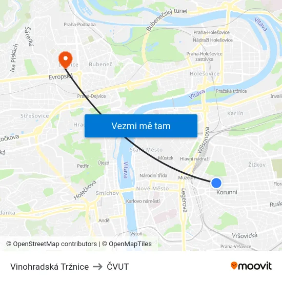 Vinohradská Tržnice to ČVUT map