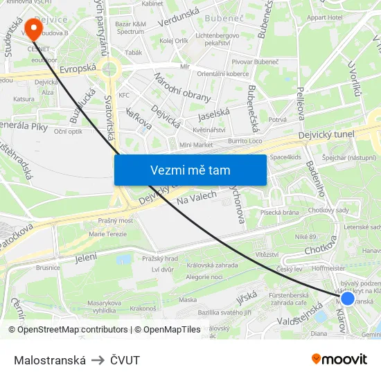 Malostranská to ČVUT map