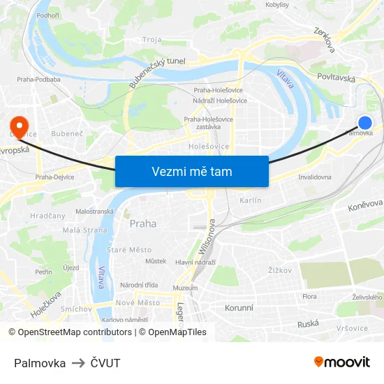 Palmovka to ČVUT map