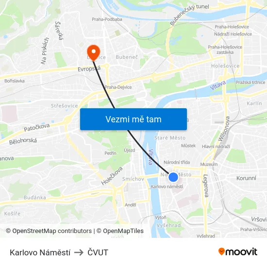 Karlovo Náměstí to ČVUT map